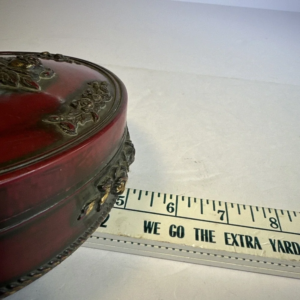 Vintage Burgundy Resin Oval Trinket Box Red Gold W/ Sculpted Floral Decorations